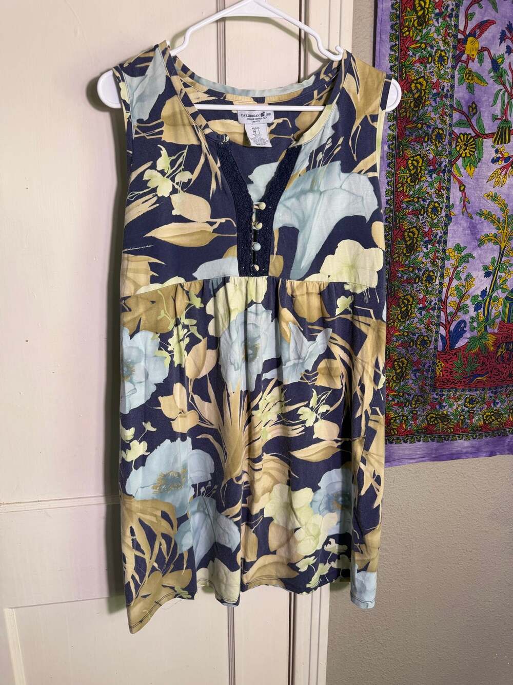 Caribbean Joe Floral Sleeveless Dress Blue Tropical Button Placket Size L
